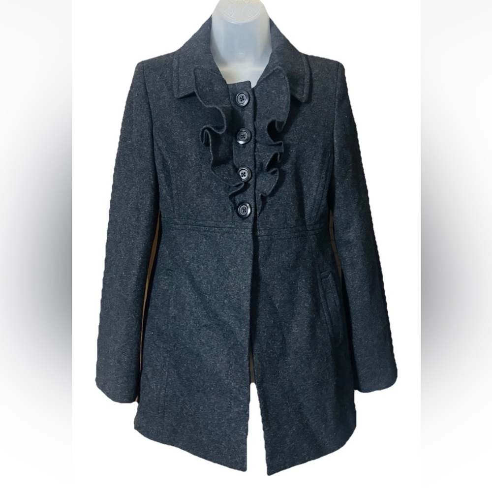 Old Navy Women's S Gray Wool Blend Classic Pea Coat Lined Buttons Pockets Ruffle
